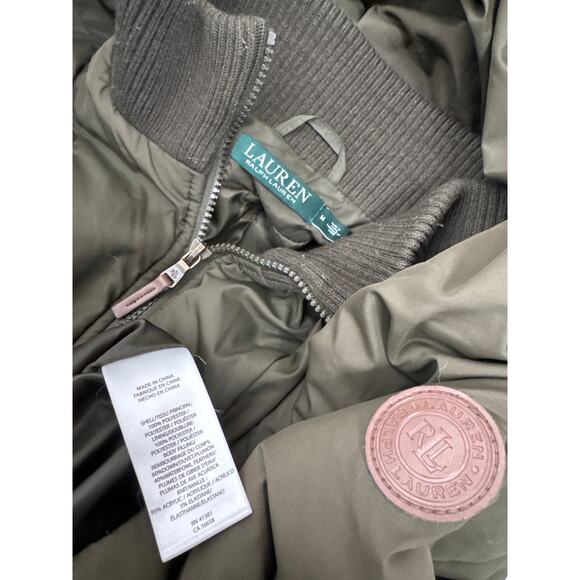 2010s Lauren Ralph Lauren Down Puffer Coat Shawl Collar Hood Olive Green Medium - Picture 13 of 14